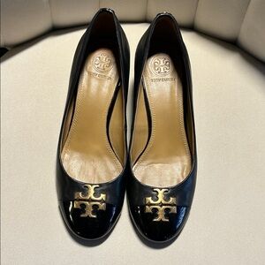 Tory Burch Black Block Heels with Gold Logo Size 6.5
